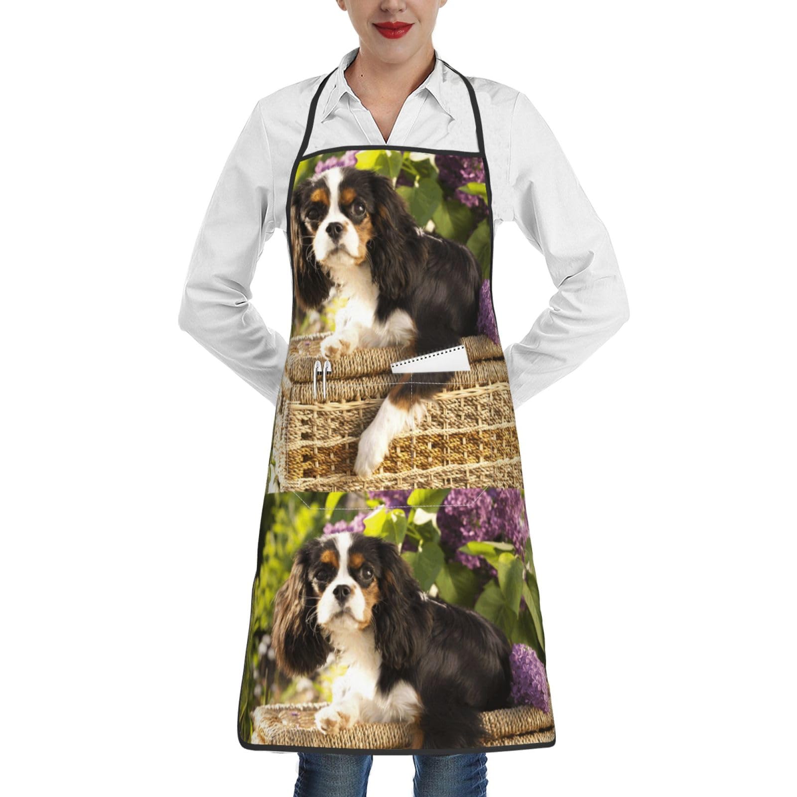Poadnly Unisex As Picture Cavalier King Charles Spaniel, Kitchen Aprons With Pockets,Adjustable Waterproof Chef Cooking Bib Apron