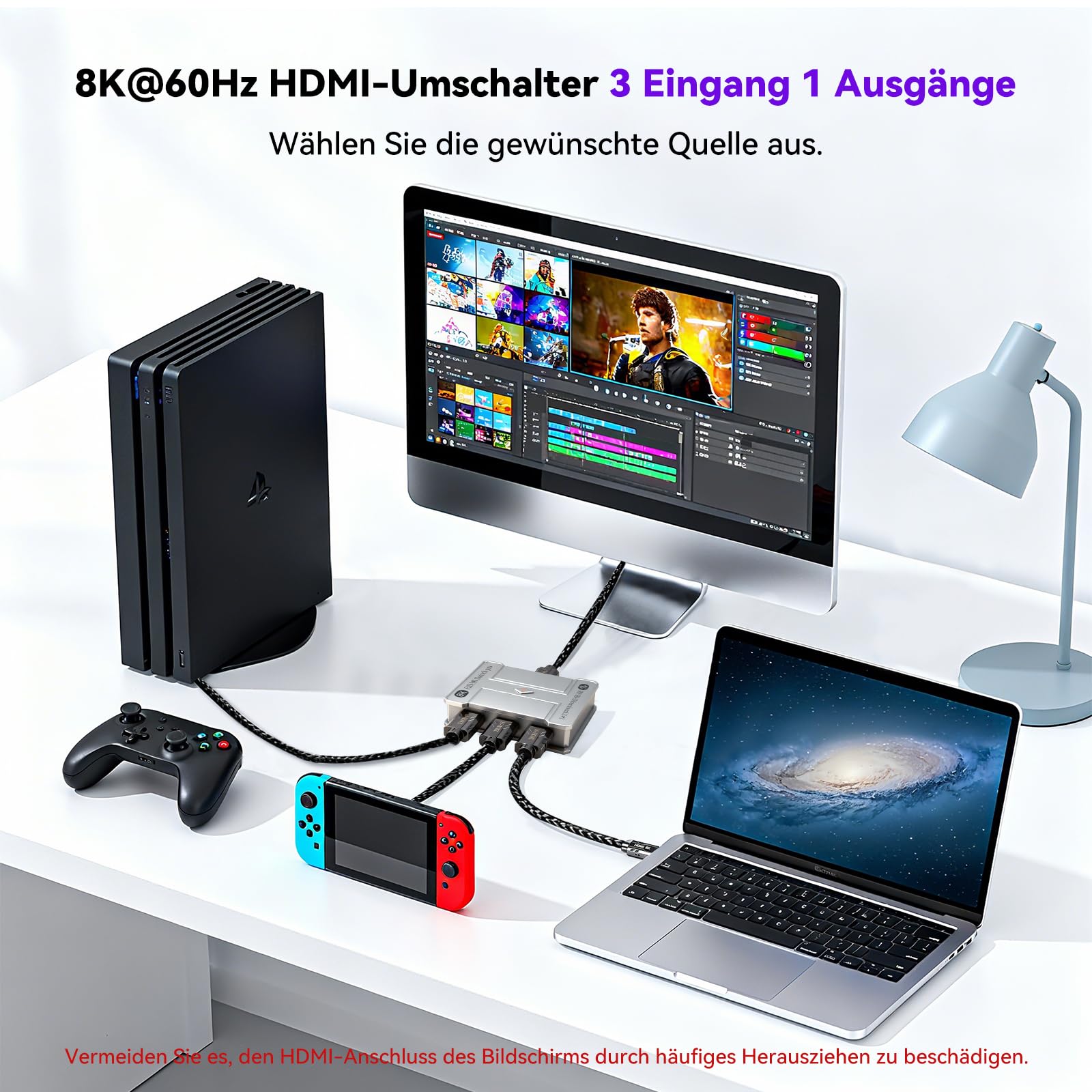 8K HDMI 2.1 Switch mit 5Ft HDMI Kabel, 8K@60Hz Aluminium HDMI Switch 3 in 1 Out, HDMI Splitter 1 in 3 Out Unterstützt 3D, HDCP2.2, HDR10, 18 Gbit/s für Fire Stick, PS5, Xbox, DVD, Blu-Ray | 8K@60Hz, HDCP, HDR+, Dolby Atmos, Fernbedienung, 3-in-1 Out & 1-i