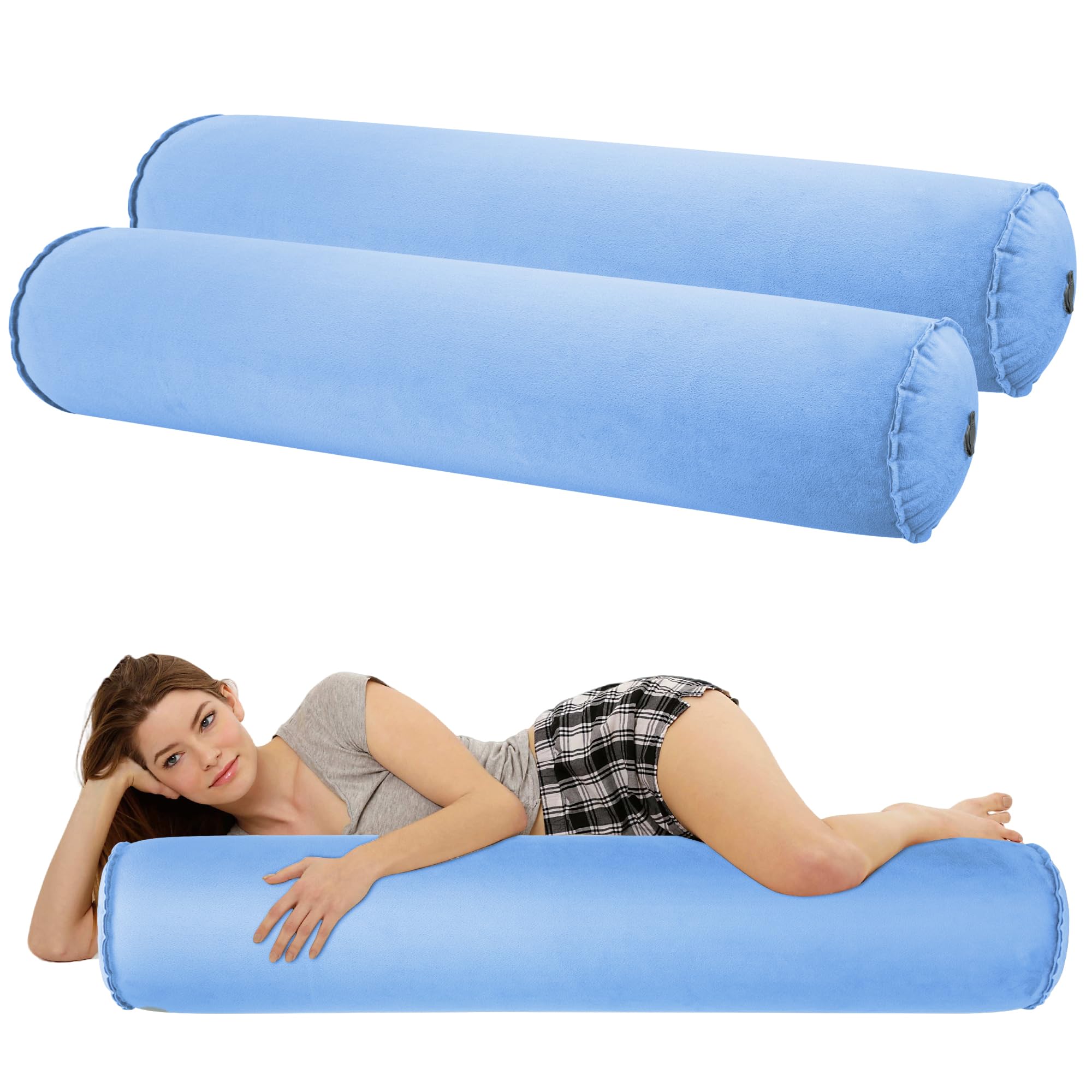 EULANT 2 Pièces Coussin Gonflable pour Dormeur Latéral, Léger Oreiller Long et Rond, Doux Traversin pour Le Corps, Oreiller de Soutien pour Voyage, 120 * 20cm, Gonflable et Compact