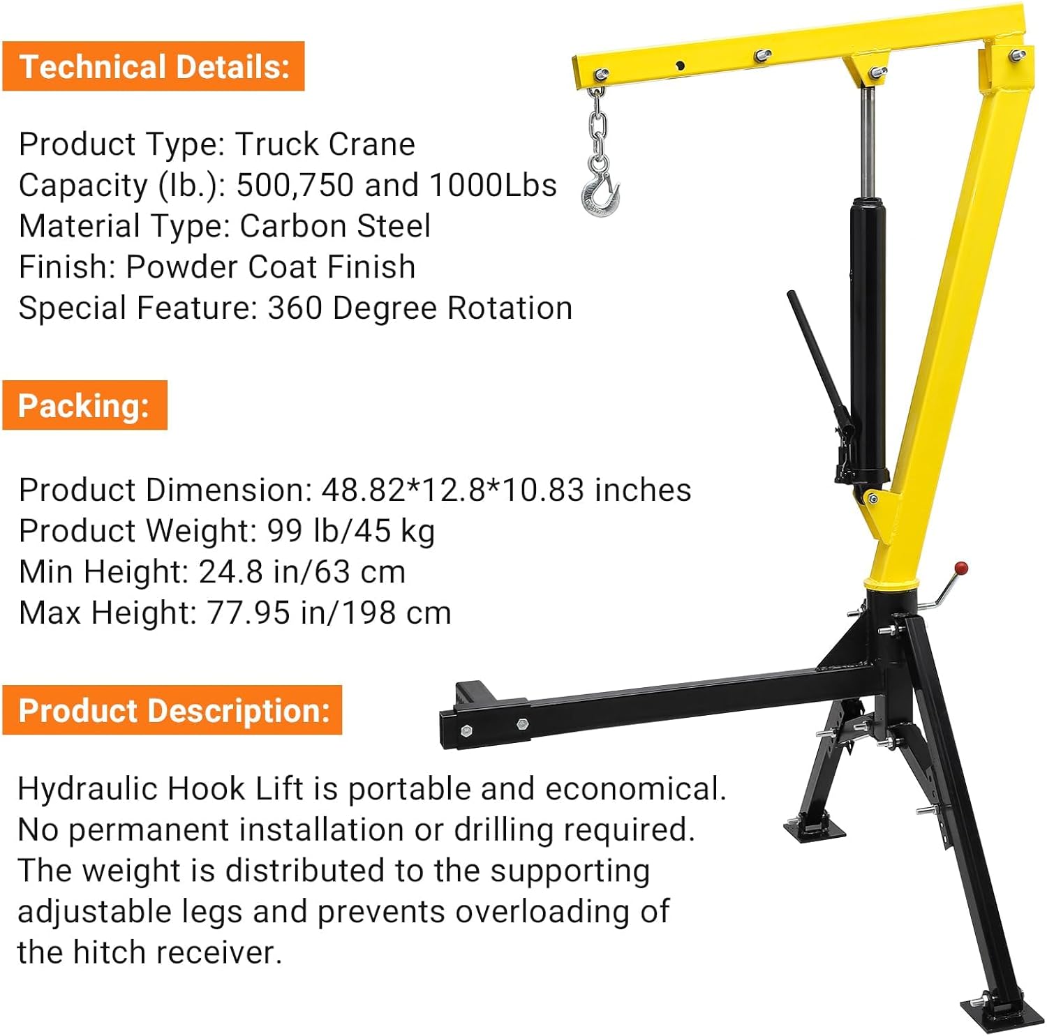 PioneerWorks 1000 LBS Pickup Truck Crane, Heavy-Duty Hydraulic Truck-Mounted Crane with 360° Swivel & 3 Adjustable Booms for Construction, Industry & Forestry