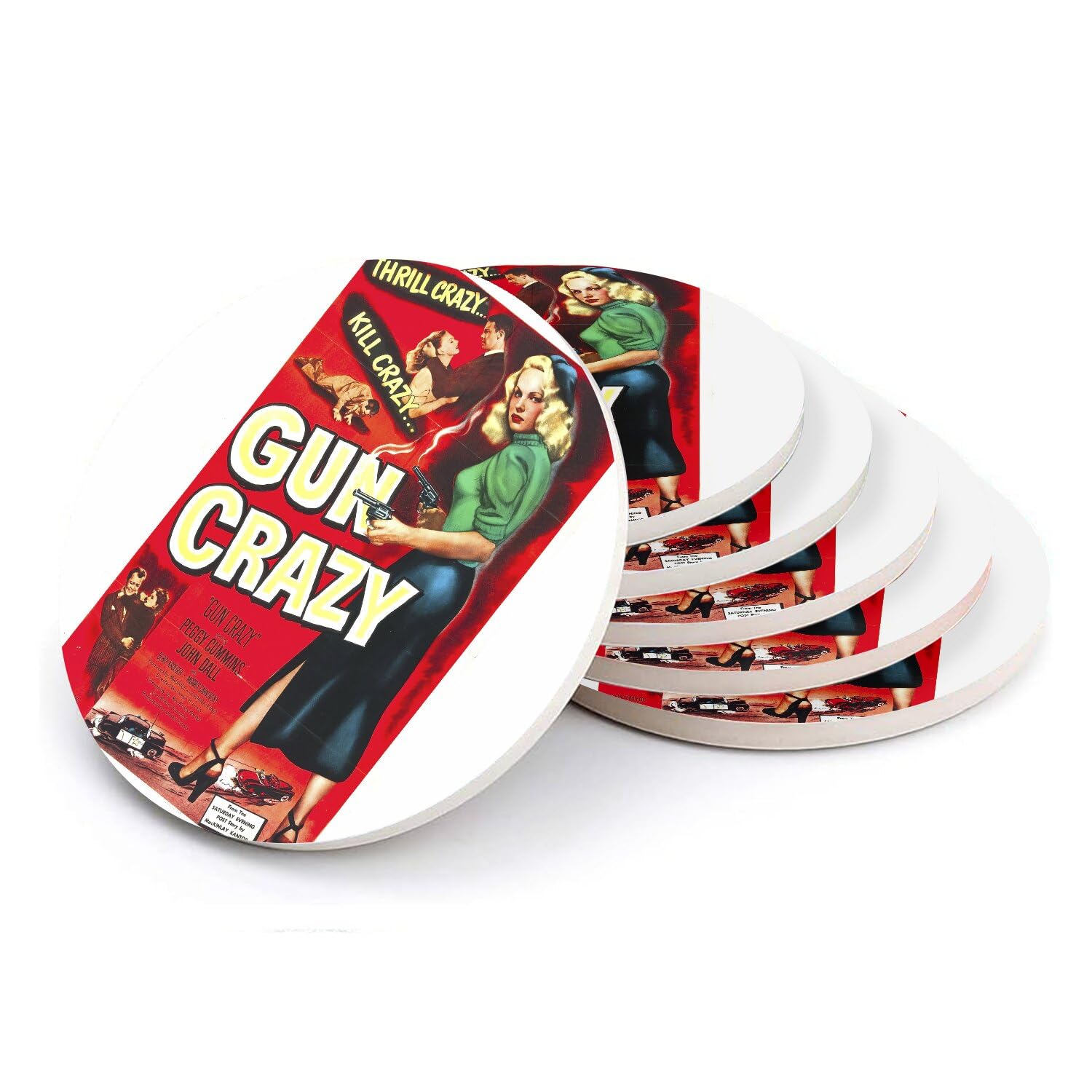 Sous-verre ronds en céramique Gun Crazy, dessous de verre vintage et affiche de film retro