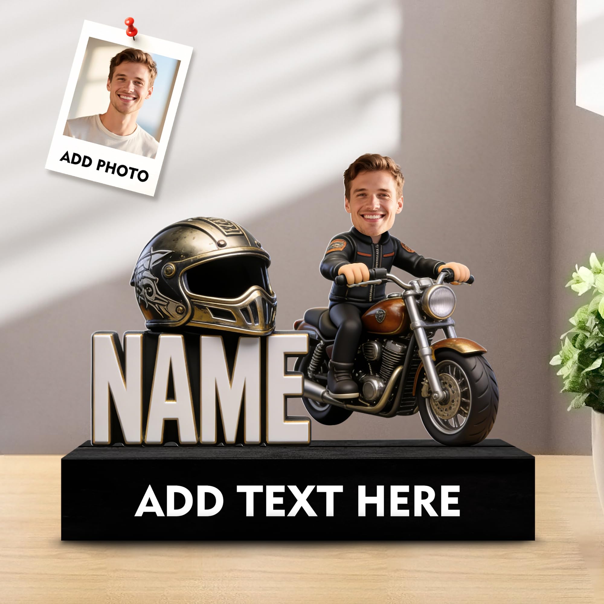SosnSusn Personalized Motorcycle Figurine Acrylic Desk Ornament, Custom Photo Figures Cartoon Style Name Plate for Desk Desktop Decor Plaque Gift's For Boyfriends Fathers Office Garage Company Decor