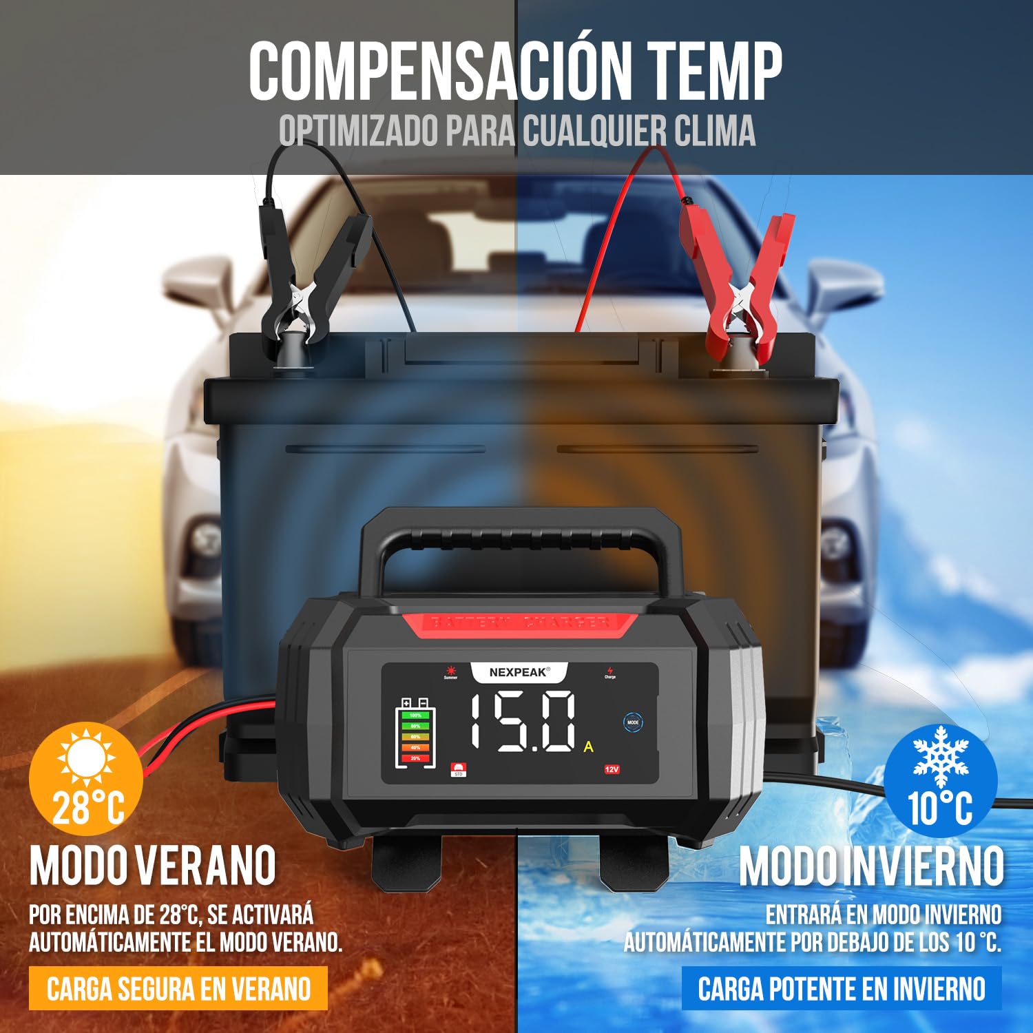 15A Cargador de Batería de Coche, NEXPEAK NC315 12V 24V LiFePO4 Cargador de Batería de Coche Portátil 9-Etapas Batería Inteligente para Coche, Camión, Moto, Cortacésped, Barco, Marina