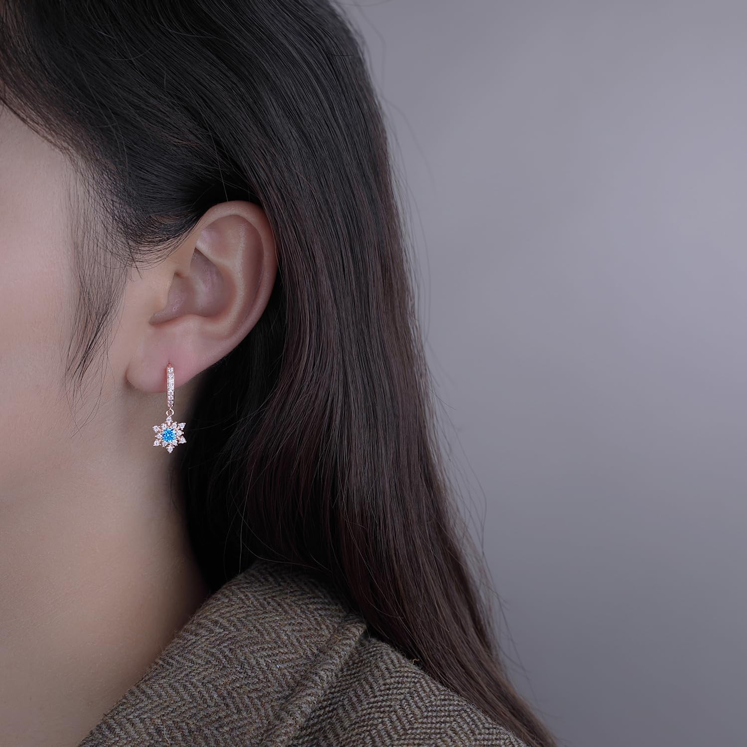 SLUYNZ Solid 925 Sterling Silver Sparkling Blue Crystal Snowflake Hoop Earrings for Women Teens CZ Snowflake Hoop Earrings Drop Christmas Gifts