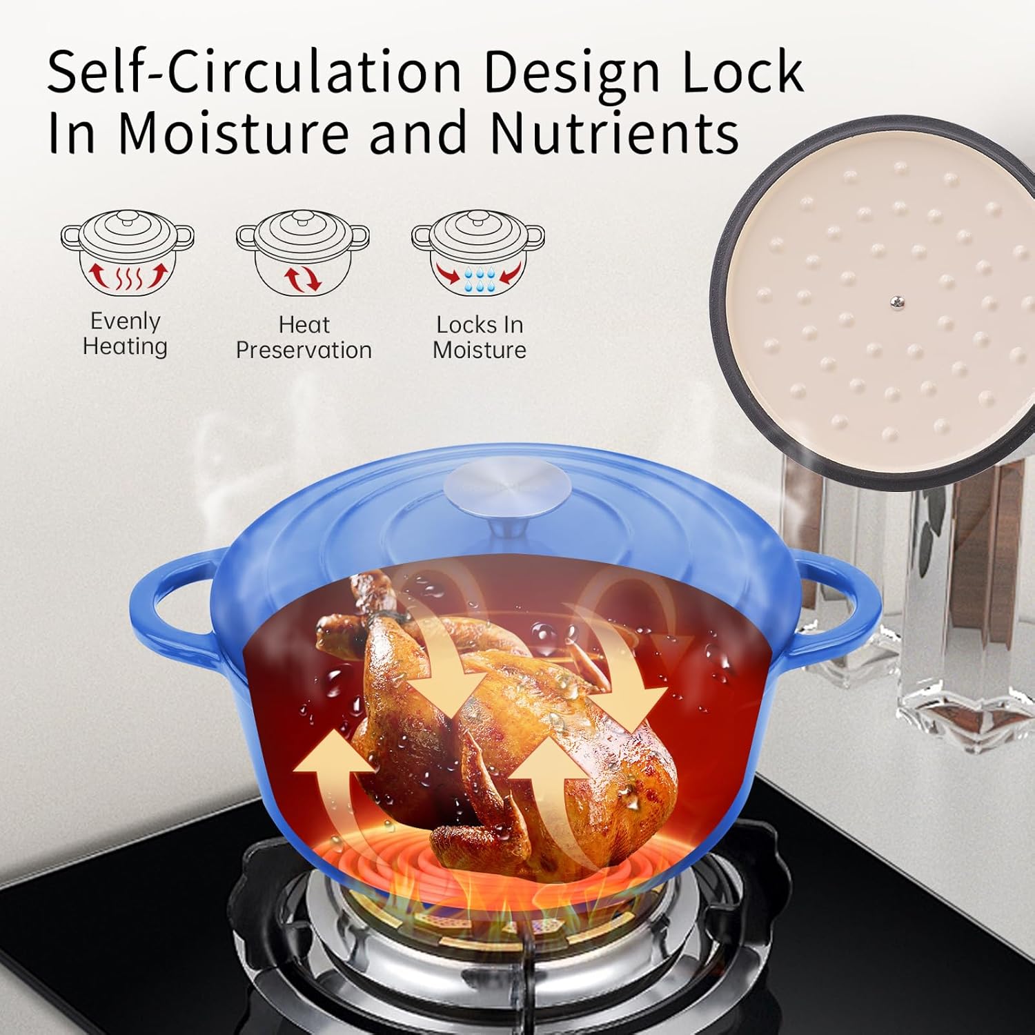 6 Quart Enameled Cast Iron Dutch Oven Pot with Lid and Silicone Accessories, Oven Safe up to 500°F or on Stovetop, Non-stick Dutch Oven for Bread Baking, Cooking, Dual Handles Cookware, Blue