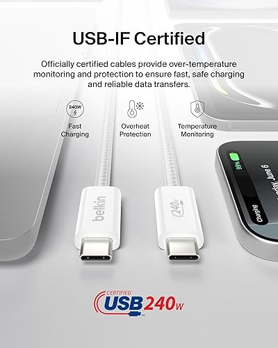 Miniatura 4 de Belkin Cable USB C a USB C, 3.3 pies, 240 W - Cargador tipo C, cable de carga para iPhone, suave, trenzado, flexible para iPhone 17, Galaxy S25,