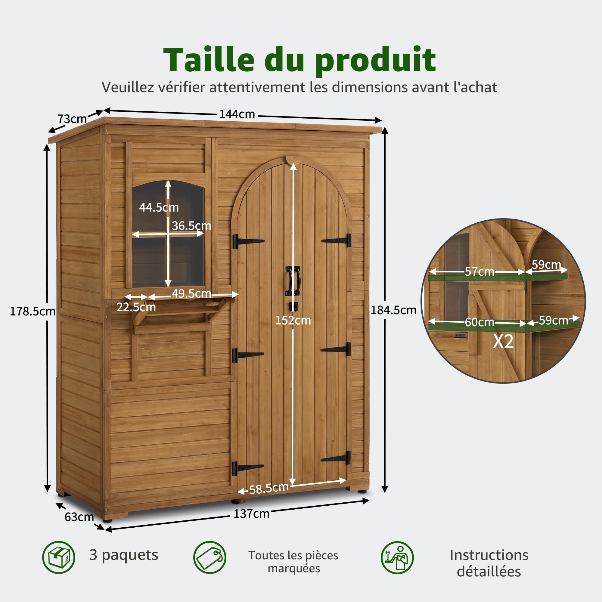 M MCombo Armoire de Jardin Armoire à Outils en Bois résistante aux intempéries, abri de Jardin Outdoor étanche praticable, pour l'extérieur Balcon terrasse, 3 réglable 73×144×185 cm (Nature)
