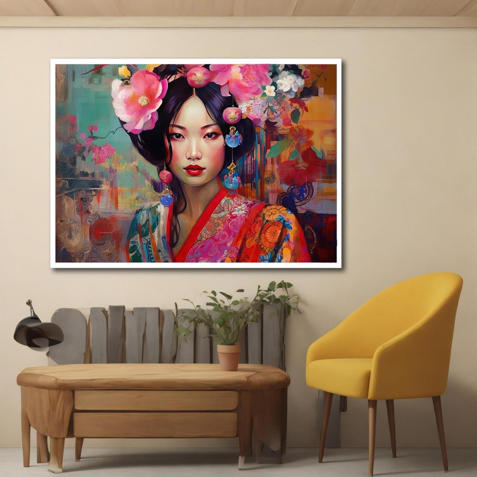 TONGYINLI Azjatyckie kobiety obrazy na płótnie gejsza dekoracyjna fototapeta japońska kobieta gejsza plakat do salonu obraz dekoracyjny do domu rama 80 x 120 cm