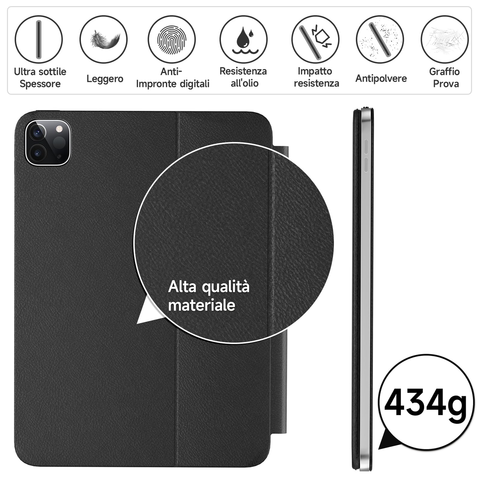 HOU Tastiera iPad Pro 11(4 °/3 °/2 °/1 °), iPad Air 11" 2024/5 Generazione(4 Generazione),QWERTY Disposizione Italiana,Ultra Slim,Angolo Regolabile,Carica Magnetica Nero