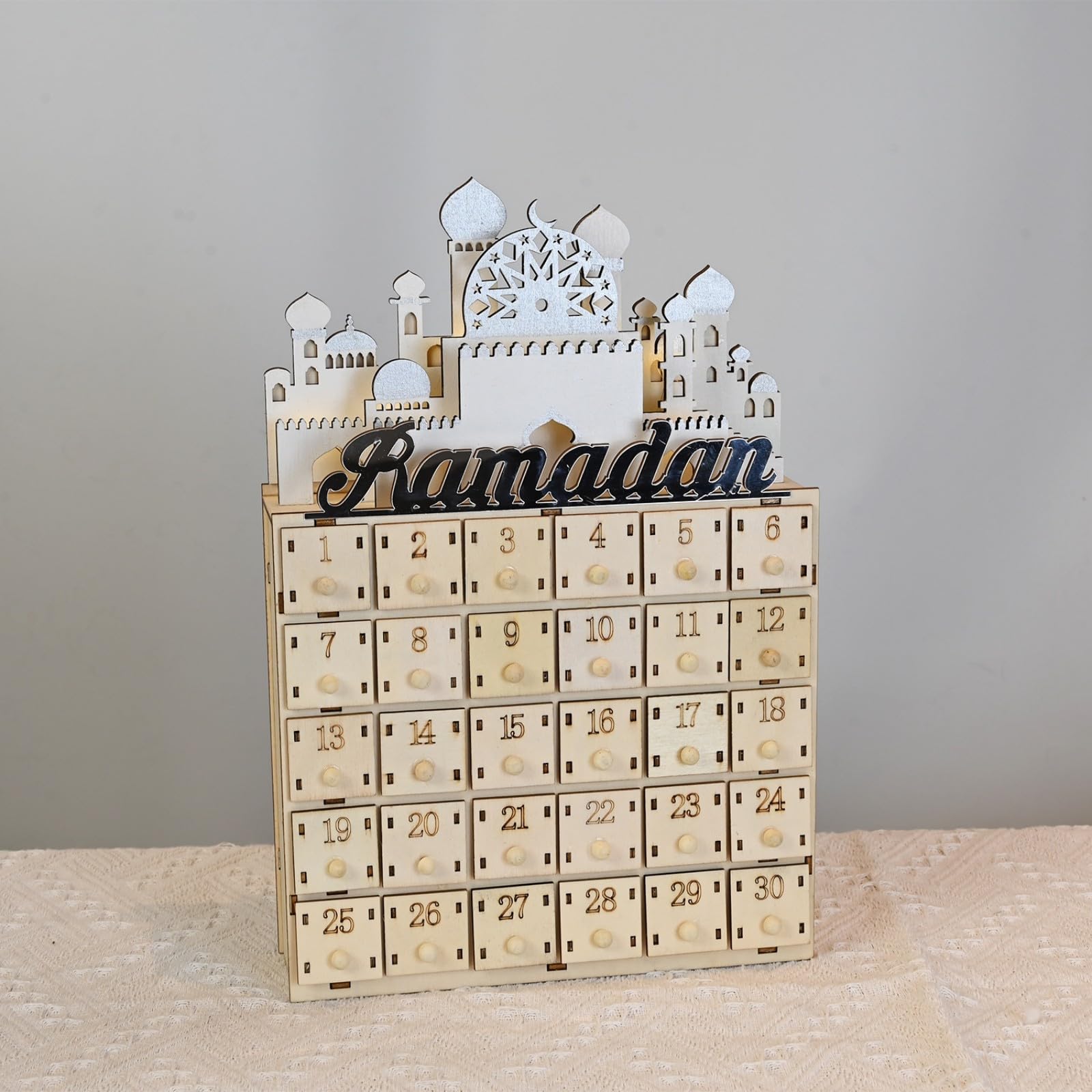 Eid Ramadans - Calendario de cuenta regresiva con luz LED y cajones de 30 días, decoración de Adviento de madera para celebración islámica del hogar