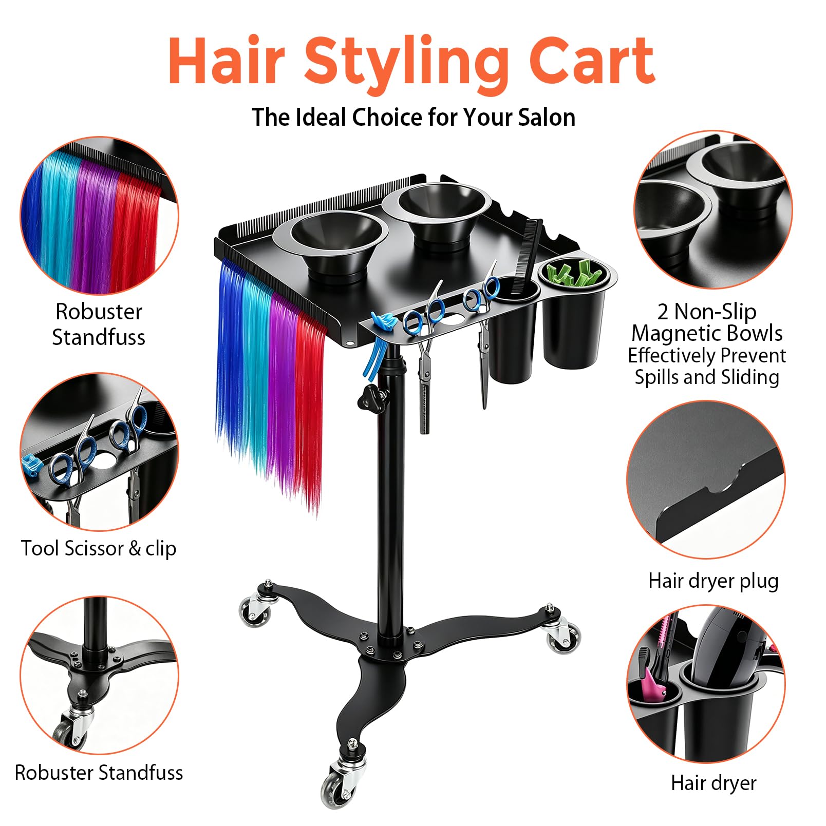 Mobiler Friseurwagen, Salon Rollwagen mit Ablagefläche, Friseurwagen | Salon Trolley mit 2 Magnetischen Schüsseln, Höhenverstellbarer, Mit Haartrennständer, Salon-Tablettwagen für Friseur Salons
