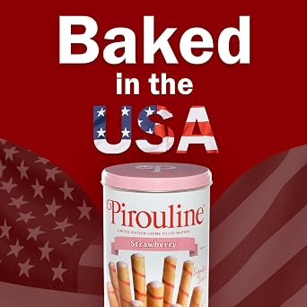 Pirouline Rolled Wafers Strawberry Rolled Wafer Sticks, Creme Filled Wafers, Rolled Cookies for Coffee, Tea, Ice Cream, Snacks, Parties, Gifts, and More 14.1oz Tin 6 Pack