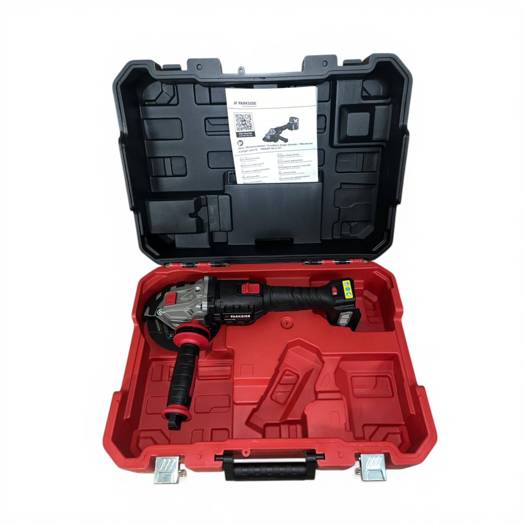 Parkside - Smerigliatrice angolare senza fili, Parkside Performance X20V PWSAP 20, senza spazzole/brushless, senza batteria, senza caricabatterie, con valigetta per il trasporto