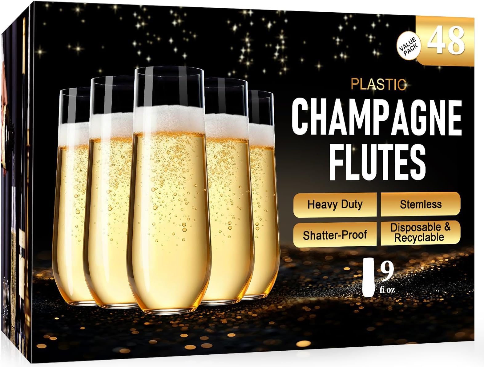 Guanqiao 48 Pack Stemless Plastic Champagne Flutes, 9 oz Clear Disposable Plastic Glasses, Heavy Duty Shatterproof Recyclable Mimosa Glasses for Party Wine Tasting Wedding New Years Eve Party Supplies