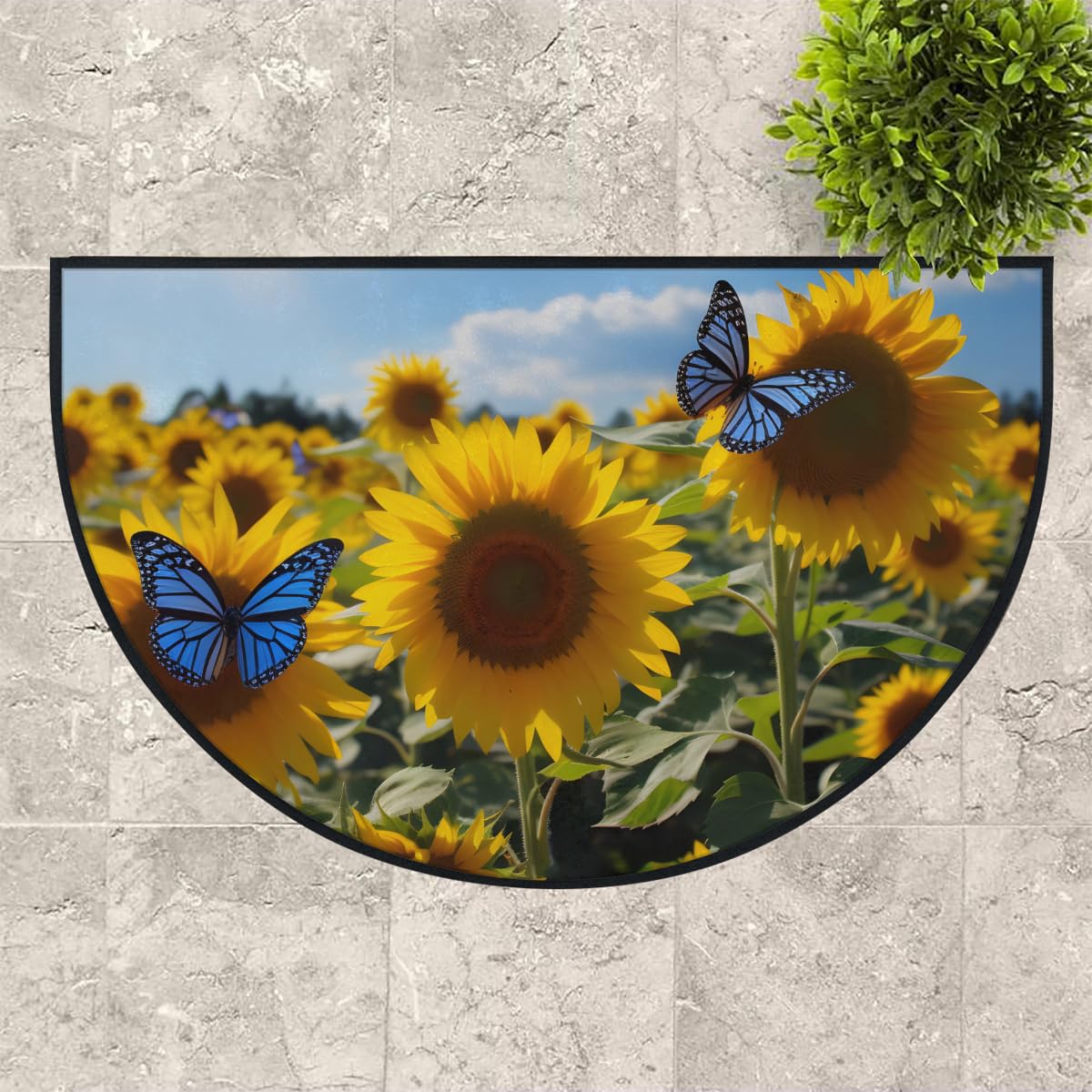 Mexpekil Paillasson demi-rond antidérapant lavable avec motif tournesols, papillon, ciel - Demi lune - Pour intérieur et extérieur - 100 x 160 cm
