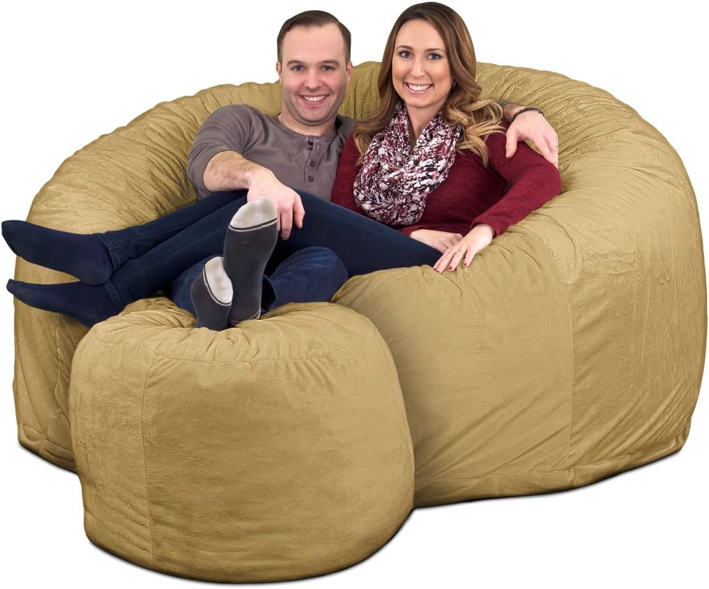 6ft Bean Bag Chair & Footstool, Oversize Bean Bag Chair for Adults, Comfy Chair Bean Bag Couch Lounge Sofa Loveseat Furniture | Camel Suede