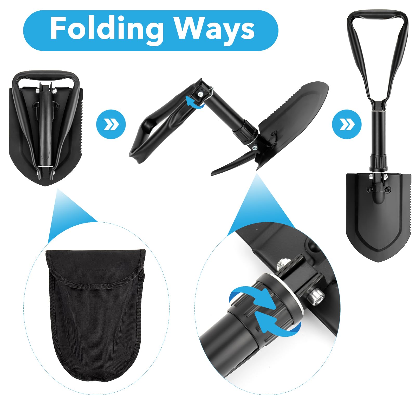 TAOPE Pala Pieghevole 58cm, Pieghevole Campeggio Multifunzionale, Nero Pala Portatile in Acciaio al Carbonio, Ideale per Trekking, Saccopelismo, Giardinaggio, Emergenza Auto, Pesca, Scavo