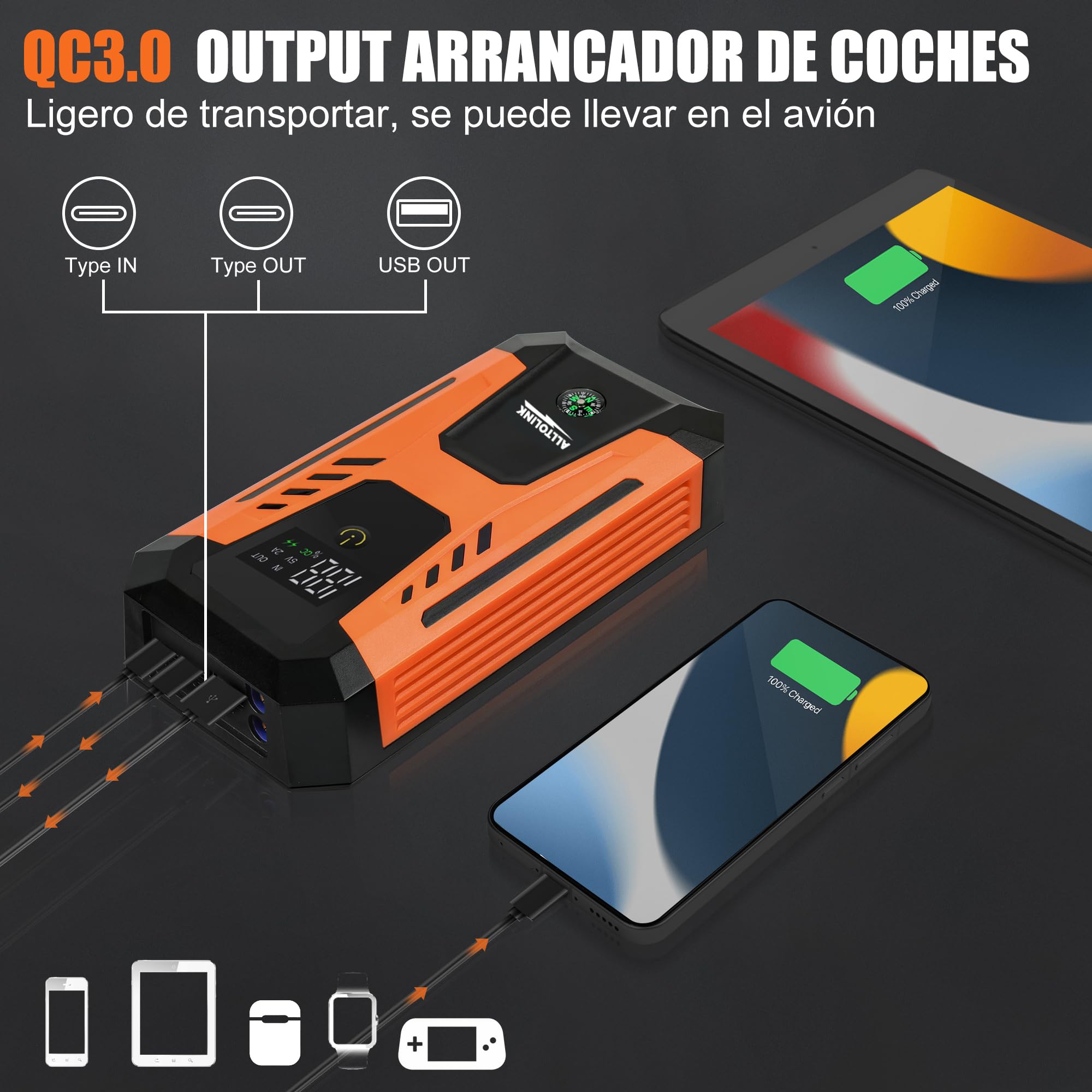 Arrancador de Baterias de Coche 3000A 26640mWh, Carga Rápida 20W, Booster Bateria 12V (para Gasolina o Diésel), Arrancador de Coches Portatil con Pantalla y Linterna LED de 4 Modos