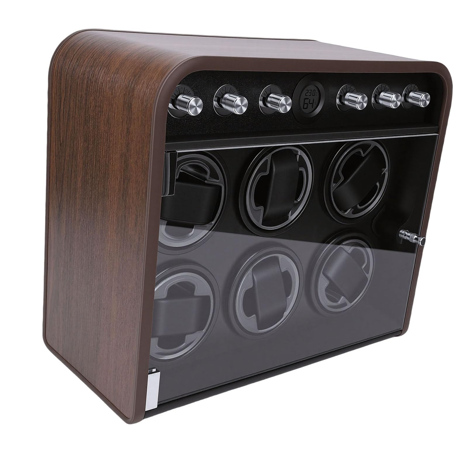 Sxhlseller Leiser Uhrenbeweger für 6 Uhren, 10 DB Leiser Automatischer Uhrenaufzug mit LED-Ambientelicht, 5 Einstellbare Modi, Uhrendreher aus Holzfaserplatte mit Holzmaserung für Mechanische Uhren