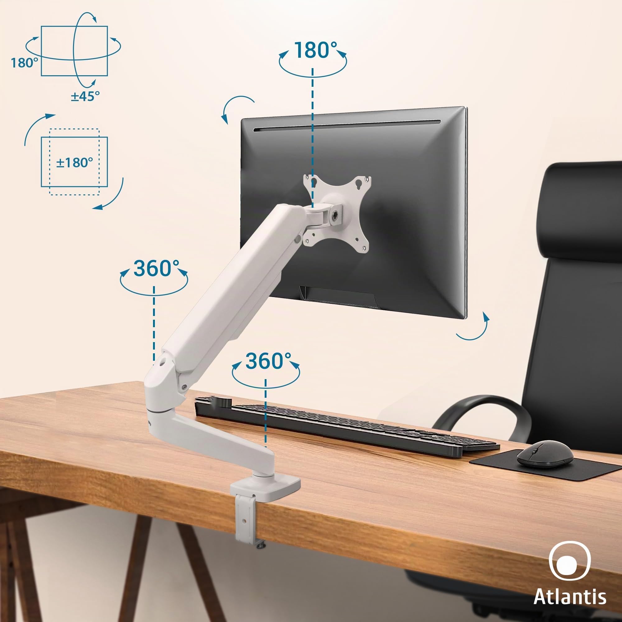 Atlantis P022-MA10-C012 GAS Lift Supporto e Braccio per Monitor PC singolo da 13" a 30",Max 9Kg. Altezza regolabile, snodabile. Inclinaz +/- 45°, Pivot +/- 180°, Rotaz 360° e Giro 180°. Vesa 75/100.