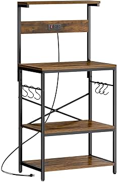 SUPERJARE Kitchen Bakers Rack with Power Outlet, Coffee Bar Table 4 Tiers, Kitchen Microwave Stand with 6 S-shaped Hooks, Storage Shelf Rack for Spices, Pots and Pans - Rustic Brown