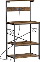 SUPERJARE 4-Tier Kitchen Bakers Rack with Power Outlet, Coffee Bar Table, Microwave Stand & 6 S-Hooks - Rustic Brown Storage Shelf
