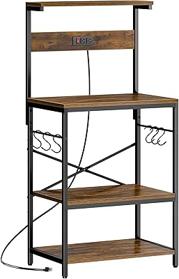 SUPERJARE Kitchen Bakers Rack with Power Outlet, Coffee Bar Table 4 Tiers, Kitchen Microwave Stand with 6 S-shaped Hooks, Storage Shelf Rack for Spices, Pots and Pans - Rustic Brown