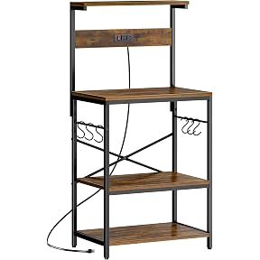 VASAGLE Bakers Rack with Power Outlet, 23.6 Inches Coffee Bar for Kitchen with Storage, 6-Tier Kitchen Shelves with 6 Hooks, Microwave Stand, Industrial, Rustic Brown and Ink Black UKKS124K03