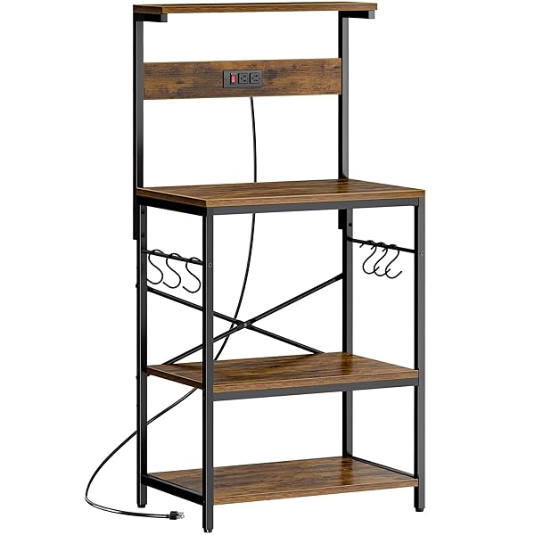 SUPERJARE Kitchen Bakers Rack with Power Outlet, Coffee Bar Table 4 Tiers, Kitchen Microwave Stand with 6 S-shaped Hooks, Storage Shelf Rack for Spices, Pots and Pans - Rustic Brown