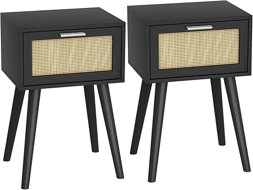 Miniatura 8 de LAATOOREE Juego de 2 mesitas de noche, mesa auxiliar pequeña con puerta de ratán, mesita de noche con pies de madera maciza, mesa auxiliar bohemia