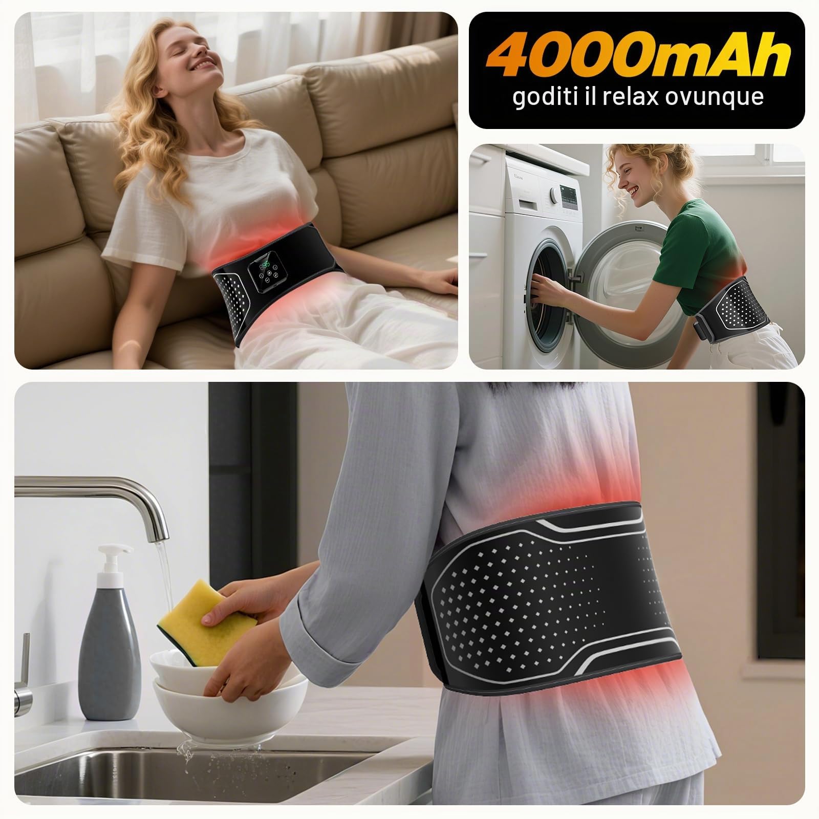 Cintura Lombare Riscaldante e Massaggiante Senza Fili – 3 Modalità di Massaggio, 4 Livelli di Calore, Spegnimento Automatico – Allevia Dolori alla Schiena e all’Addome – Idea Regalo per Uomo e Donna