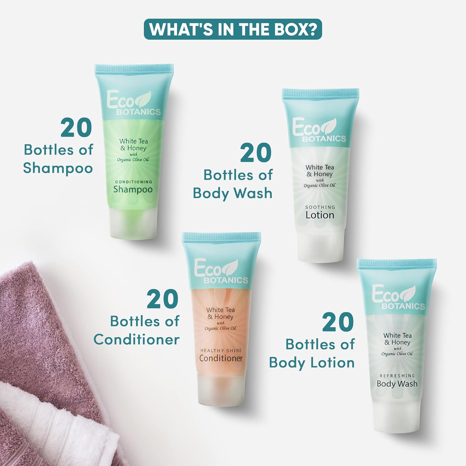 Travel Size Hotel Toiletry Set 80 Count 0.85 oz Bottles Guest Amenities for Vacation Rentals and Short Term Rentals Paraben Free White Tea Scent Infused with Aloe and Olive Oil by Eco Botanics