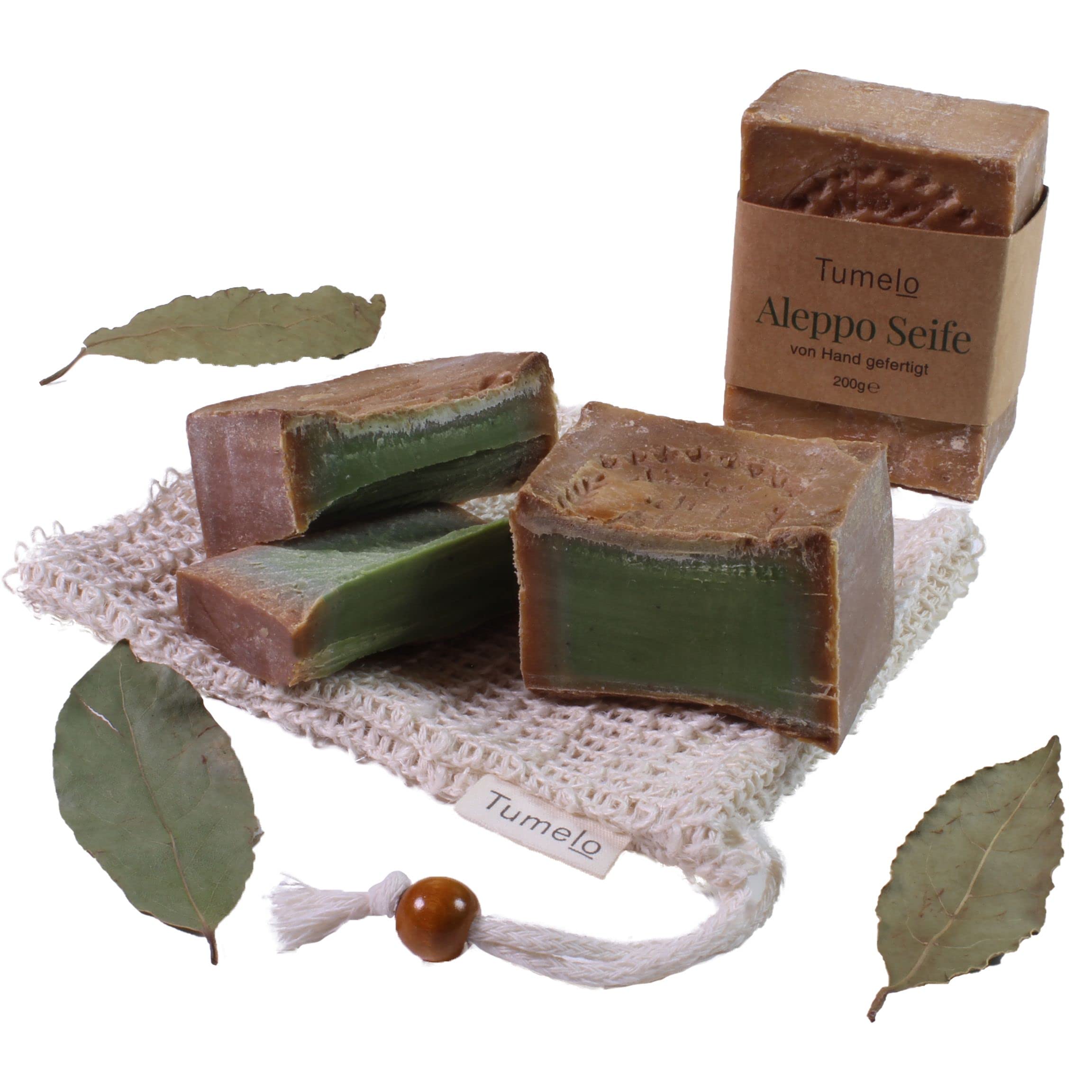 TUMELO Original Aleppo Soap 4 x 200g (800g) 70% Olive Oil 30% Laurel Oil + Soap Pouch, Handmade Olive Oil Soap, Natural Soap - Image 2