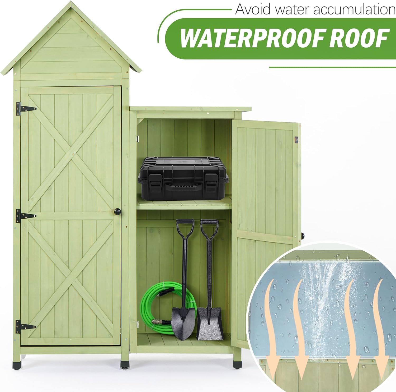 Wooden Outdoor Storage Cabinet Set,Waterproof Metal Roof & Wooden Vertical Design, Garden Tool Shed with Multiple Shelves for Patio, Backyard, Lawn, Yard,Green