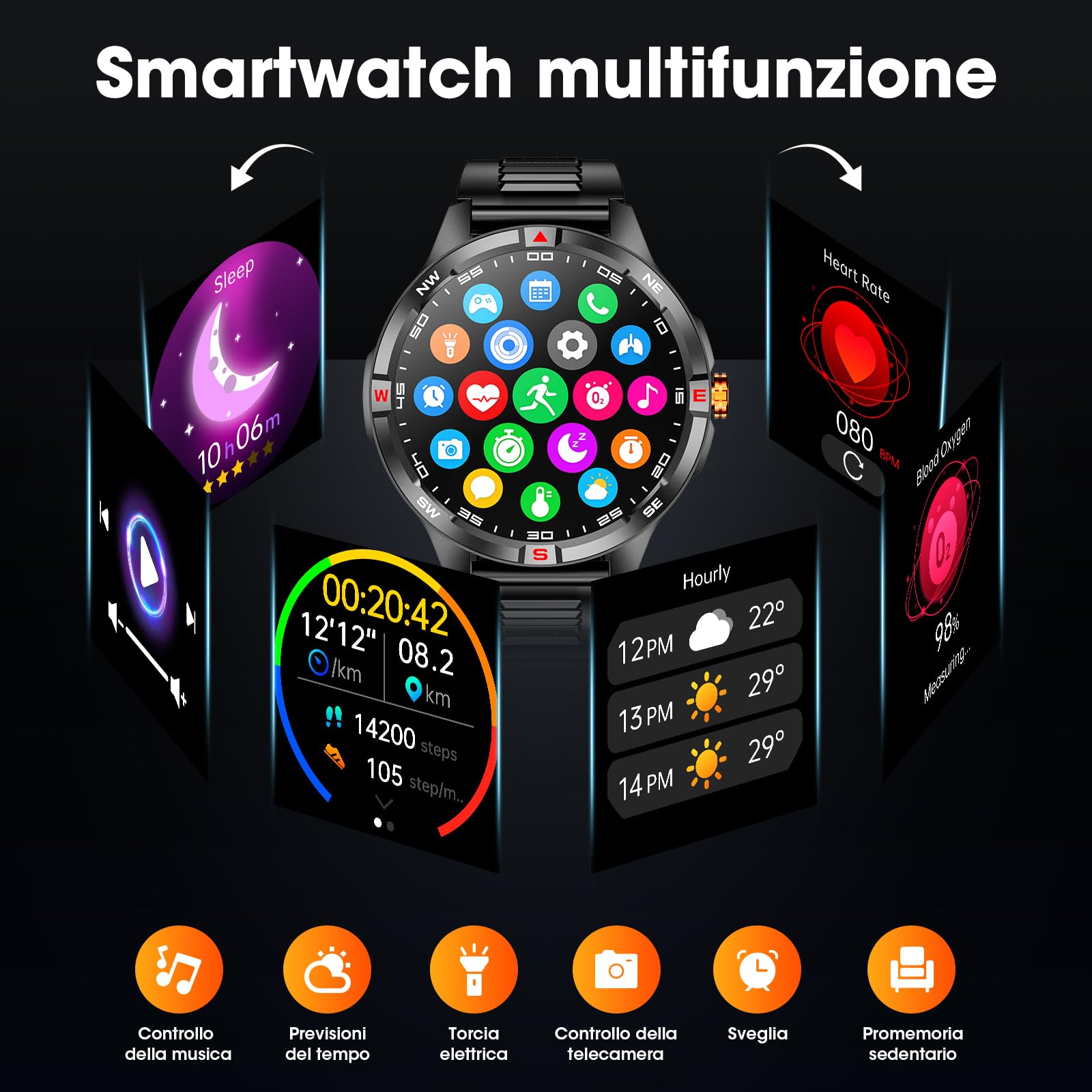 Smartwatch militare da uomo, grande capacità, batteria da 1000 mAh, schermo HD da 1,46", con monitoraggio chiamata/sonno, modalità multi-sport, fitness tracker, per Android/iPhone
