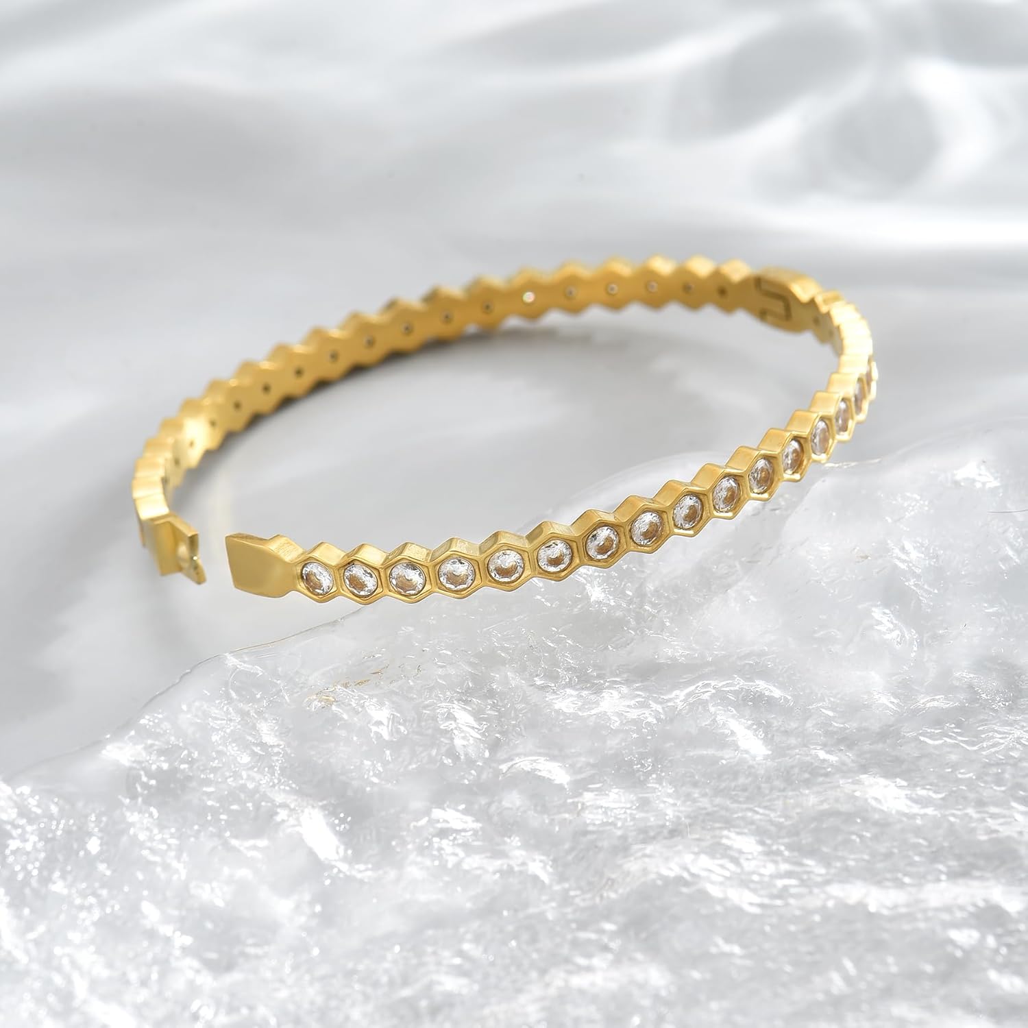 Bangle for Women 18K Gold Plated Dainty Cubic Zironia Bracelets Dainty Heart Hollow Out Honeycomb Stainless Steel Bangle Bracelet Classic Bangle Gifts - Image 6