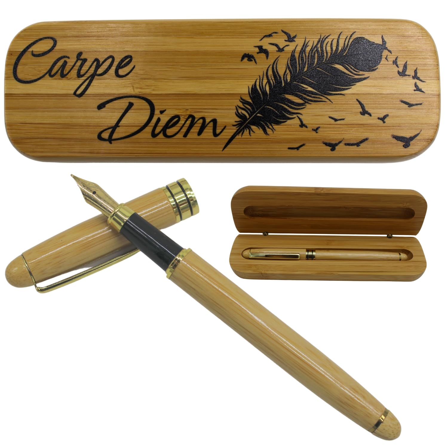 Amore Legno Sforza Penna Stilografica Elegante, Idee Regalo Uomo e Donna, Regali Laurea Compleanno con Frasi Motivazionali, Scatola in Legno di Bamboo (Carpe diem)