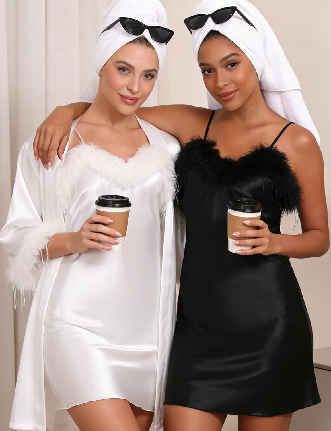 Bride Robe for Wedding Day Satin Nightgown and Robe Sets for Women Pajamas with Feather Bride Getting Ready Outfits - Image 7