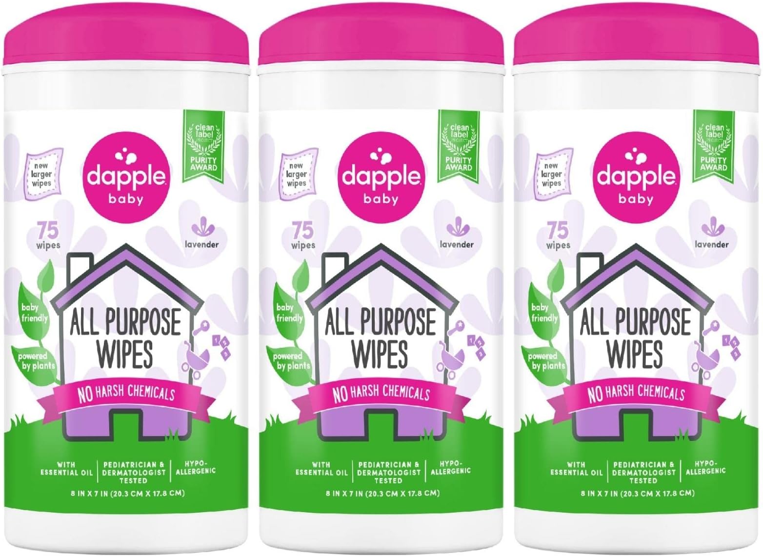 Dapple Baby All Purpose Wipes, Plant Based, Hypoallergenic, Lavender, Clear, 75 Count, Pack of 3