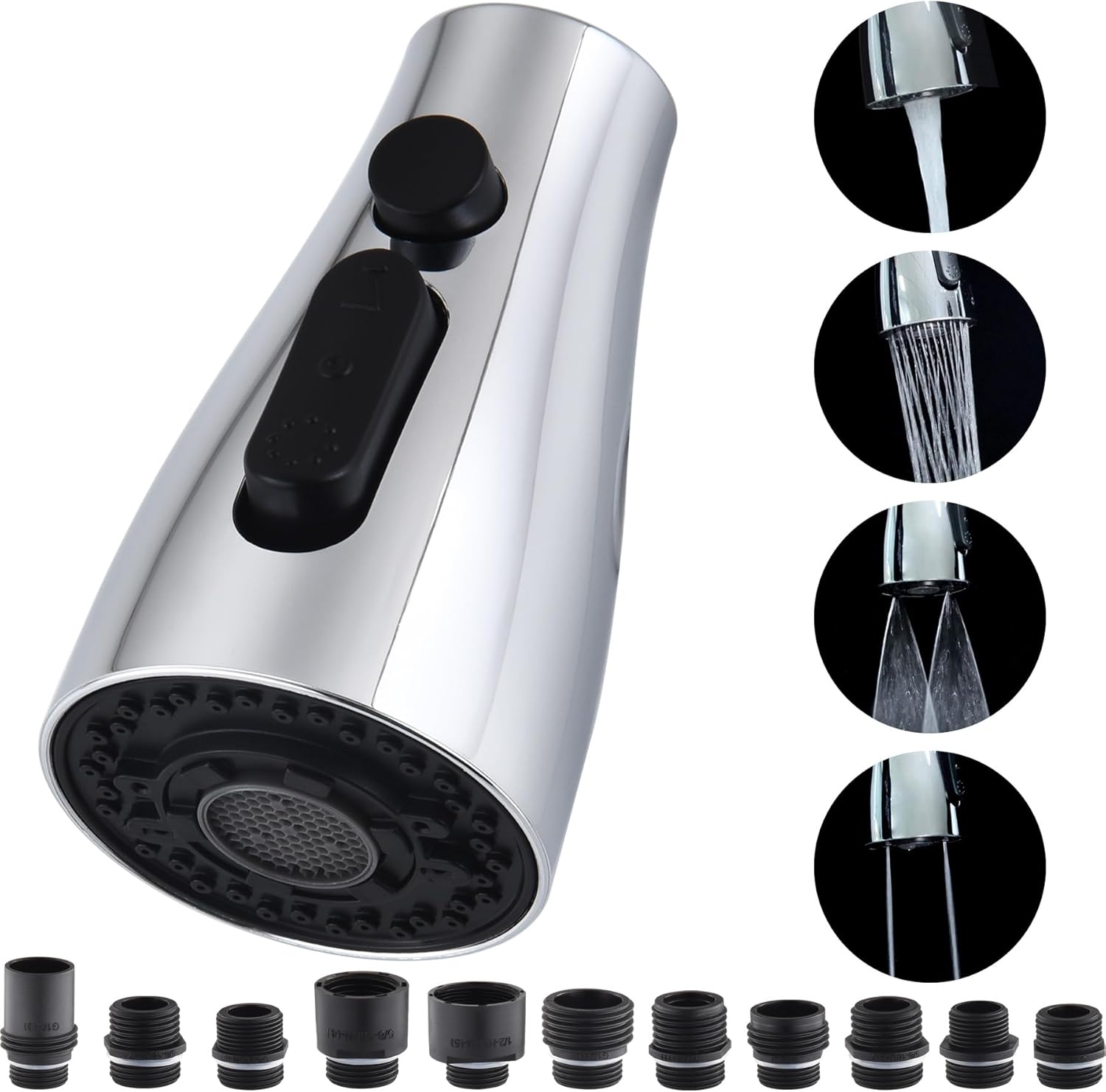 Kitchen Faucet Head Replacement 4 Modes, Pull Down Faucet Sprayer Head Nozzle Kitchen Sink Faucet Head with 11 Adapters