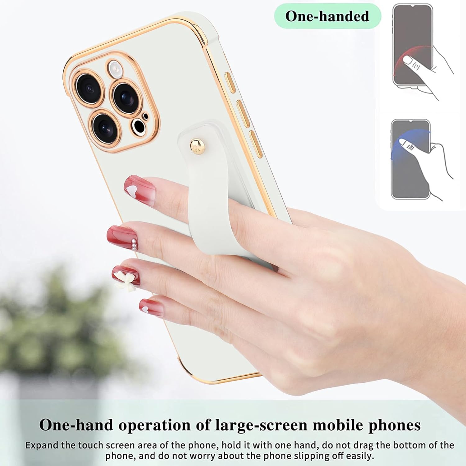 for iPhone 16 Pro Case for Women Girls, Bling Luxury Plated Bumper with Cute Love-Heart Design, Adjustable Hand Strap Stand, Raised Edges Shockproof Protection for iPhone 16 Pro - White - Image 6