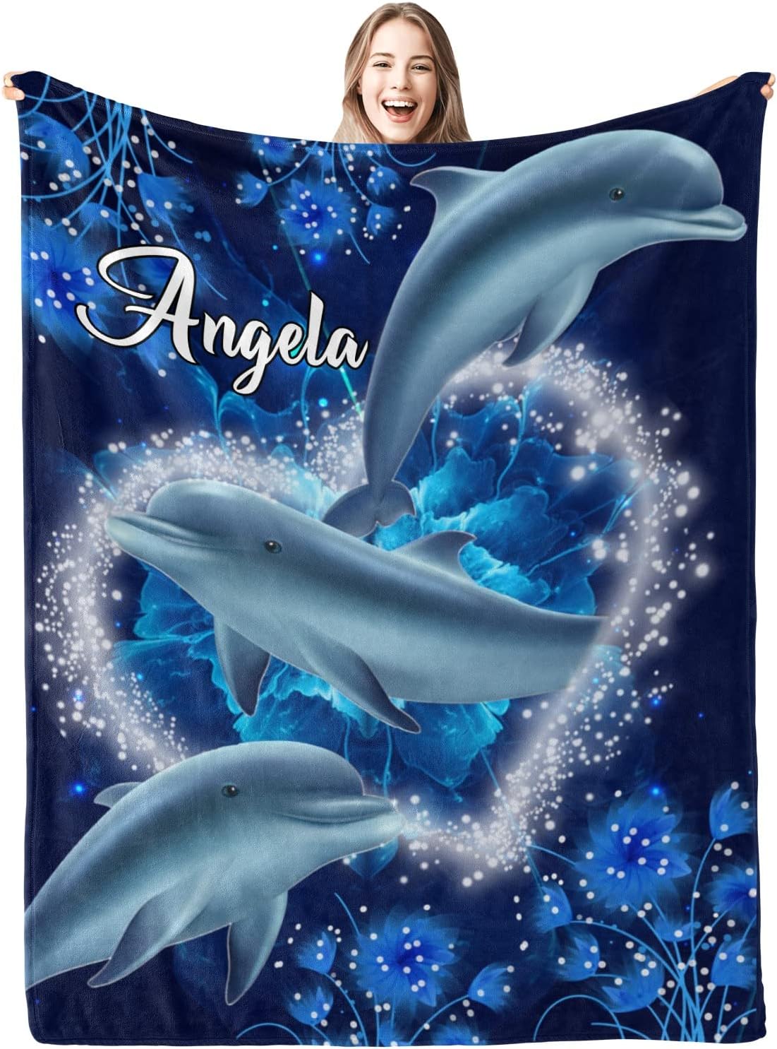Blue Dolphin Personalized Name Soft Fleece Bed Blankets Throws as Birthday Wedding Gifts for Sofa Couch 50'' x 60''
