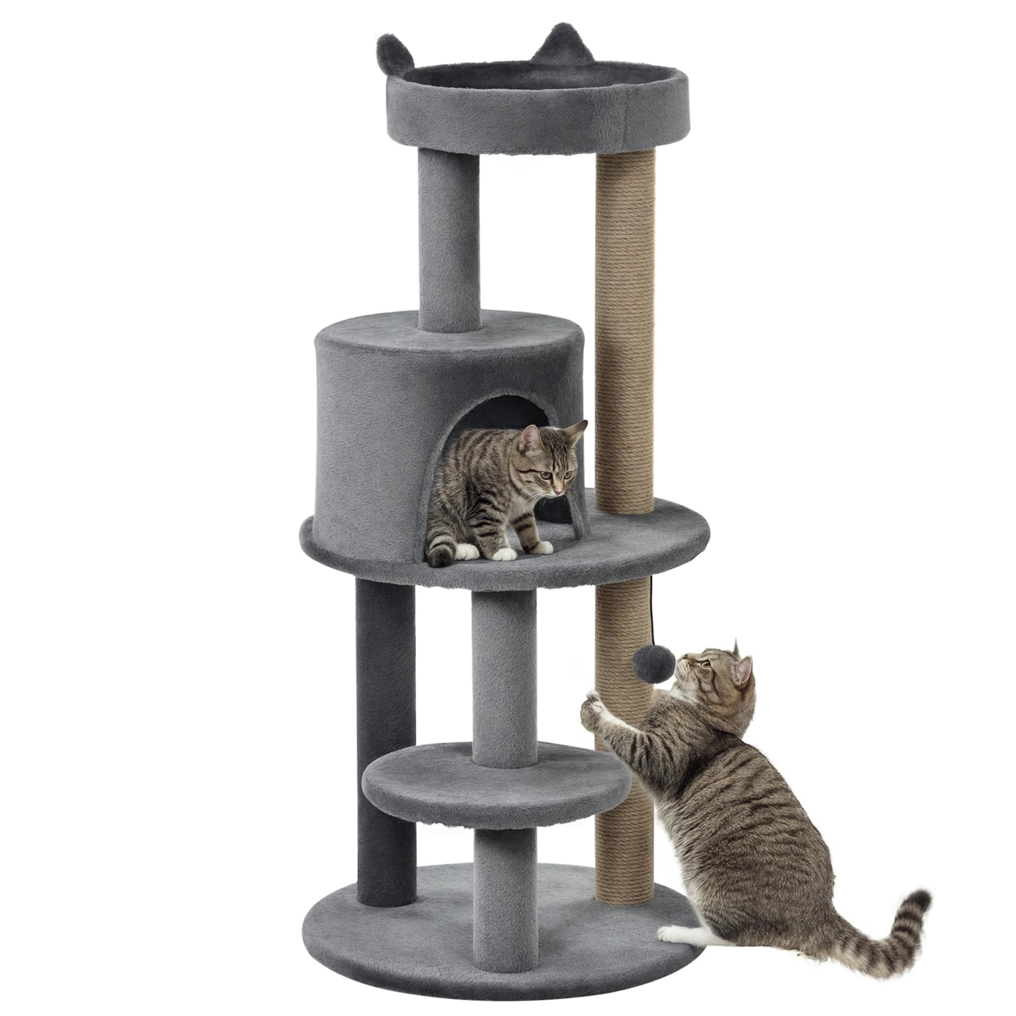 – PawHut 104 cm Cat Tree, Cat Condo Tree Tower, Cat Activity Centre with Scratching Posts, Plush Perches, Hanging Ball - Grey