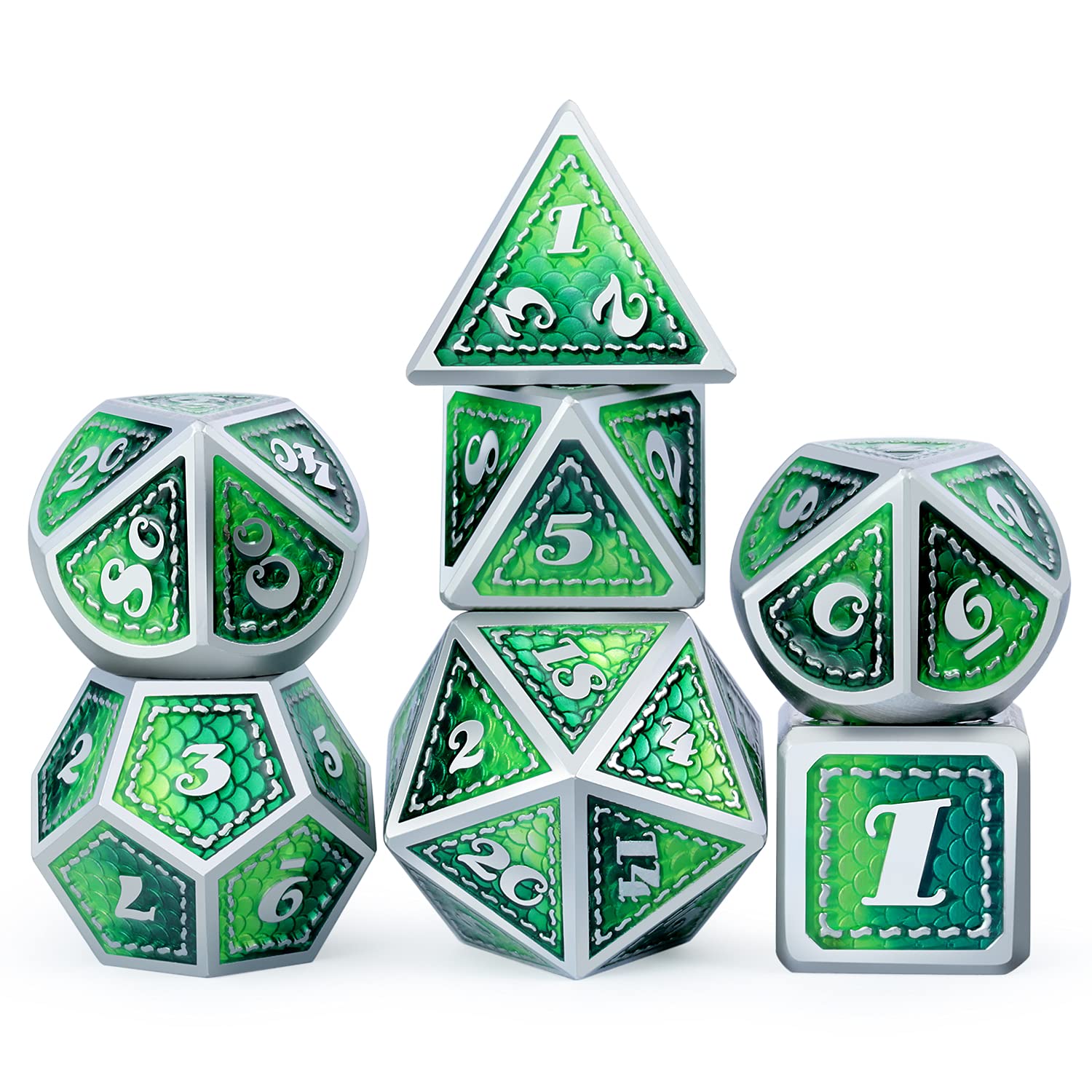 DND Metal Dice Set with Gift Metal Tin DNDND Metallic Dungeons and Dragons Dice Set for D&D Game (Neno Green & Green with Matt Silver Edge)