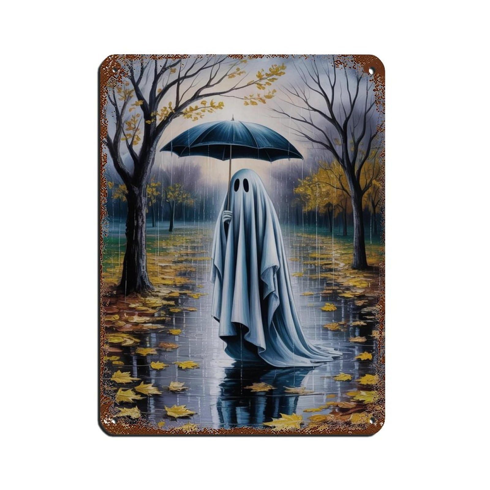 Ghost with Umbrella in Rain Poster, Spooky Art Retro Poster Metal Tin Sign Chic Art Retro Iron Painting Bar People Cave Cafe Family Garage Poster Wall Decoration 12x16inch(30x40cm)