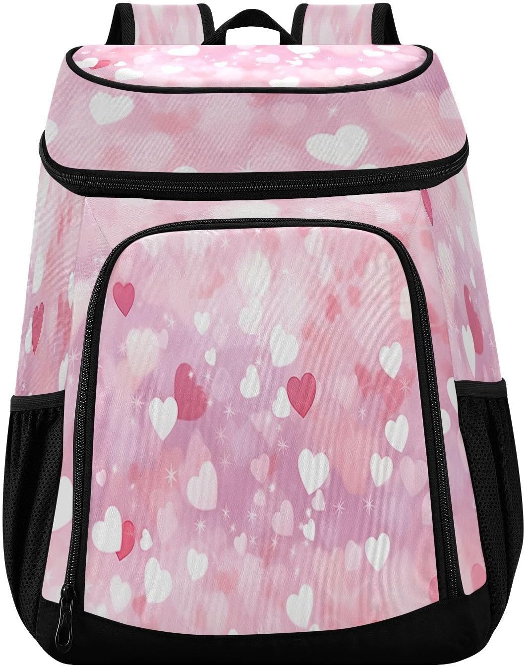 Bokeh Effect Pink Heart Cooler Backpack 36 Cans Leakproof Waterproof Backpack Cooler Bag Beach Accessories Travel Camping Fishing Backpack for Women Men