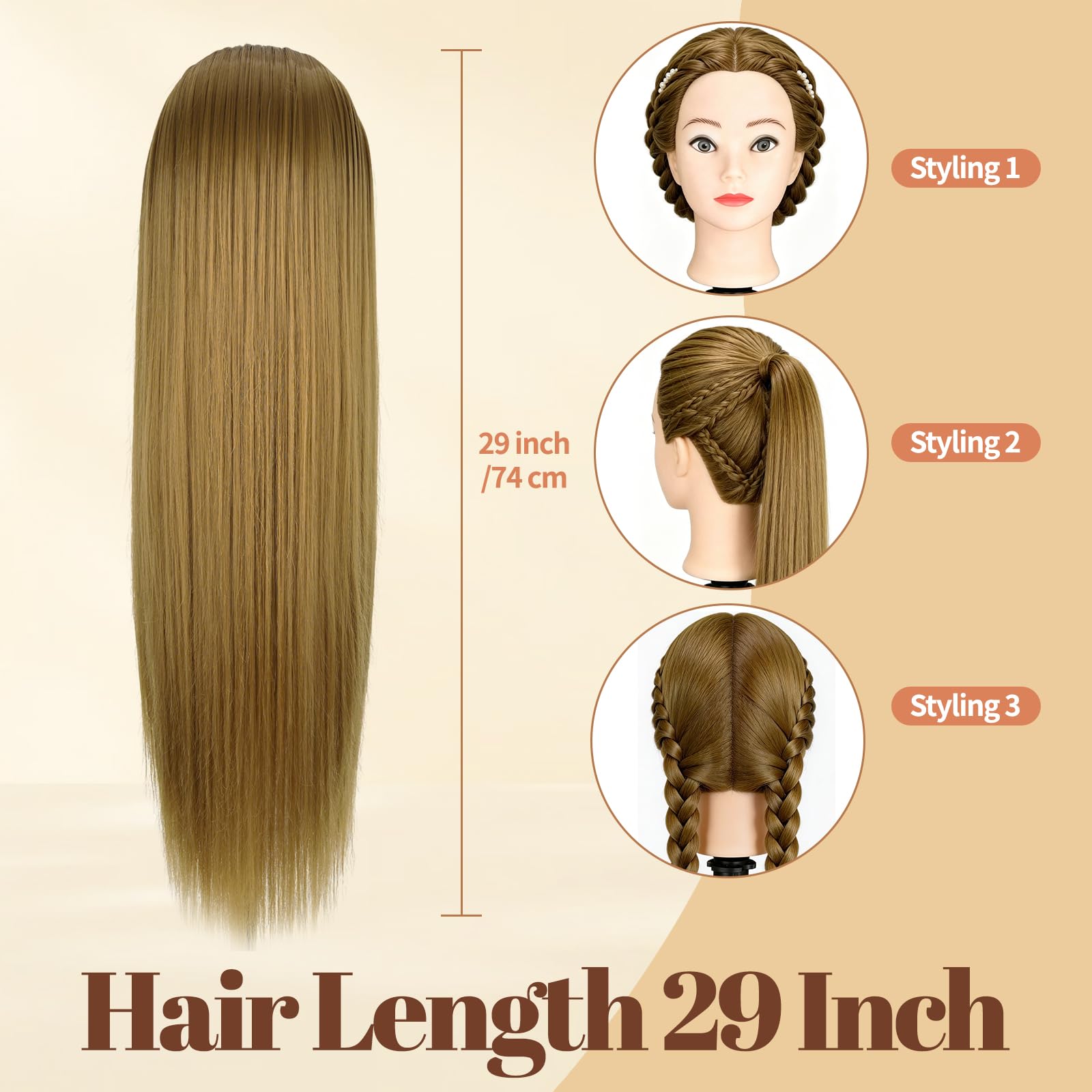 Yofuly 28-29Zoll / 71–74cm Frisierkopf mit Ohrlöchern, 100% Kunsthaar, Übungskopf Frisieren Trainingsköpfe Puppenkopf Friseur Mannequin Kopf mit Tischklemme + DIY-Zopfset (Blond)