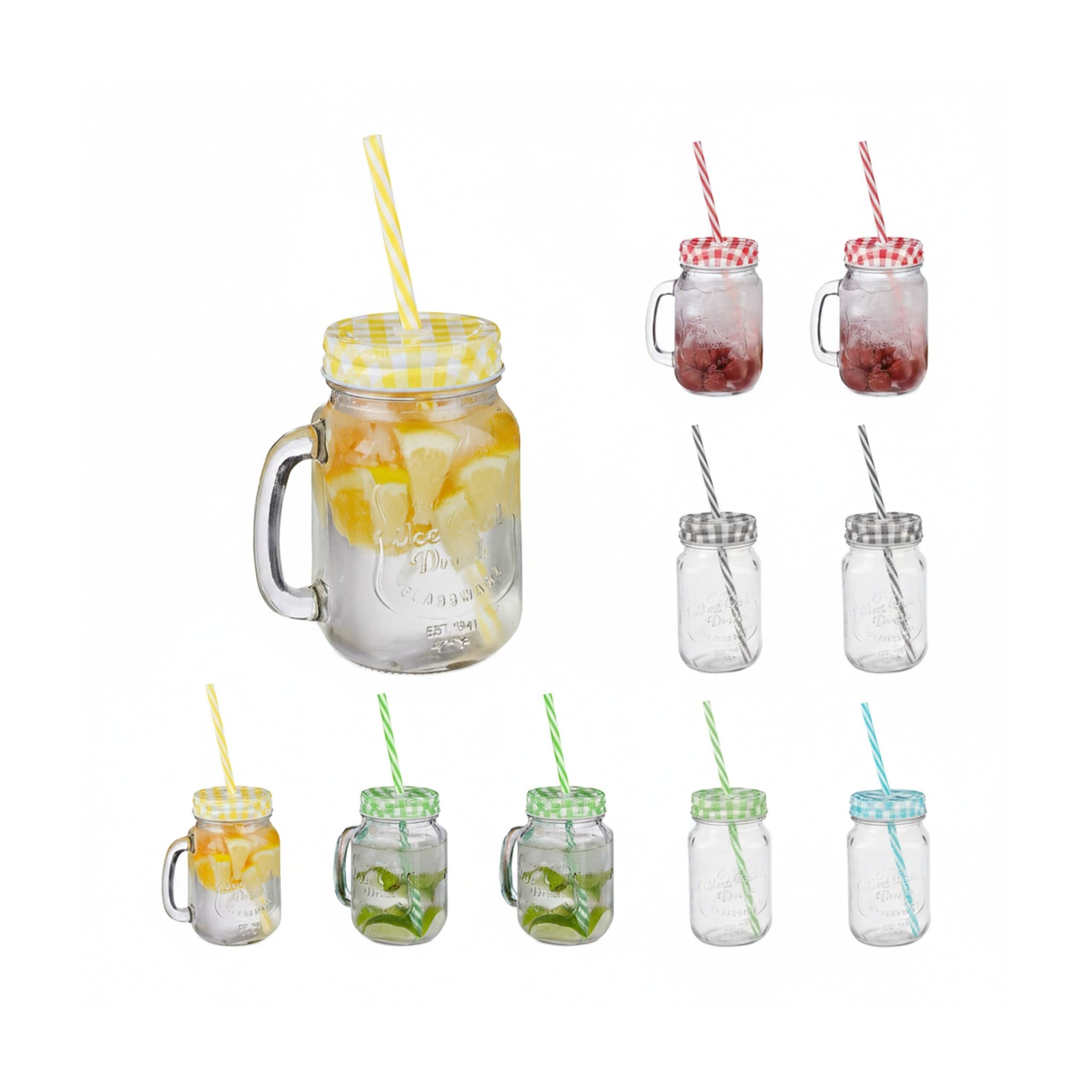 Relaxdays Trinkgläser mit Deckel und Strohhalm, 10er Set Limonadengläser, 500 ml, Retro Sommergläser mit Henkel, bunt (Packung mit 3)