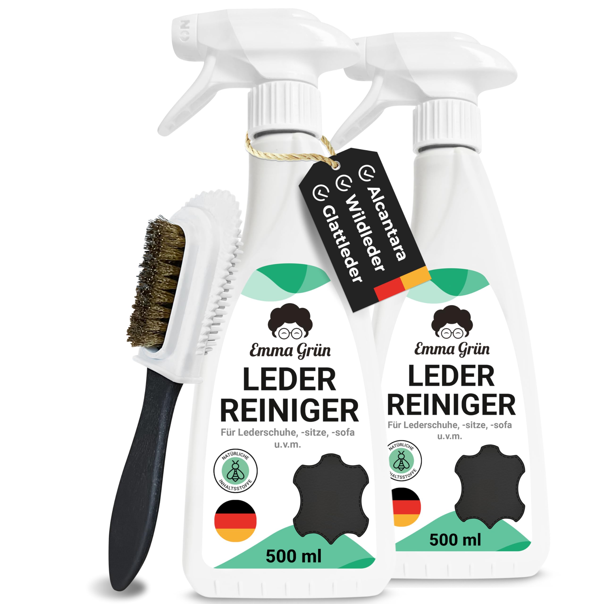 Emma Grün® Lederreiniger Auto & Alcantara Reiniger 2x 500ml [+WILDLEDERBÜRSTE] - Lederpflege Auto für Autositze - Kunstleder & Wildleder Reiniger - Leder Reinigung für Schuhe - Made in Germany