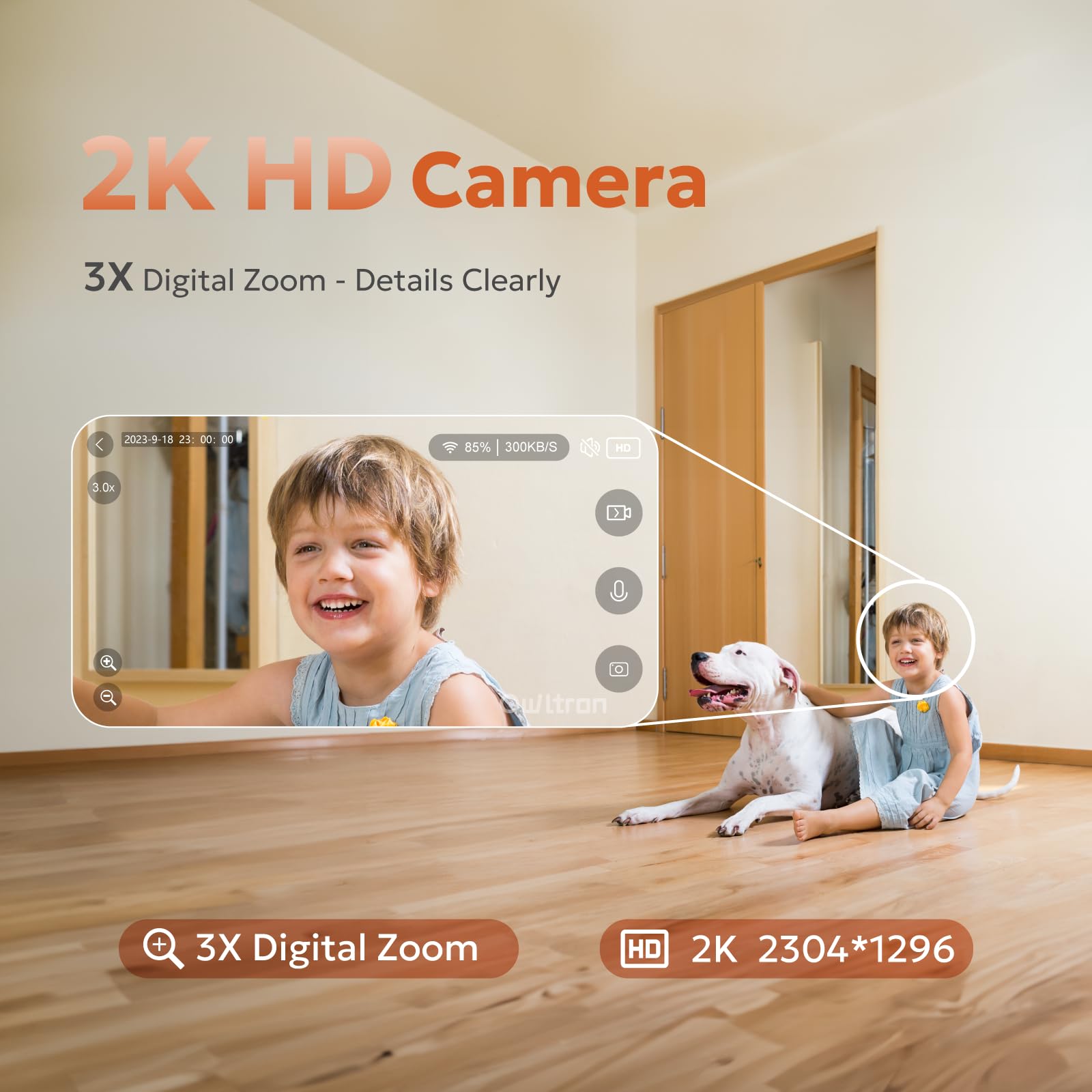 owltron Caméra de sécurité intérieure, caméras de sécurité 2K 3MP pour la sécurité à domicile avec détection de mouvement, caméra pour animaux de compagnie et moniteur de bébé avec vision nocturne